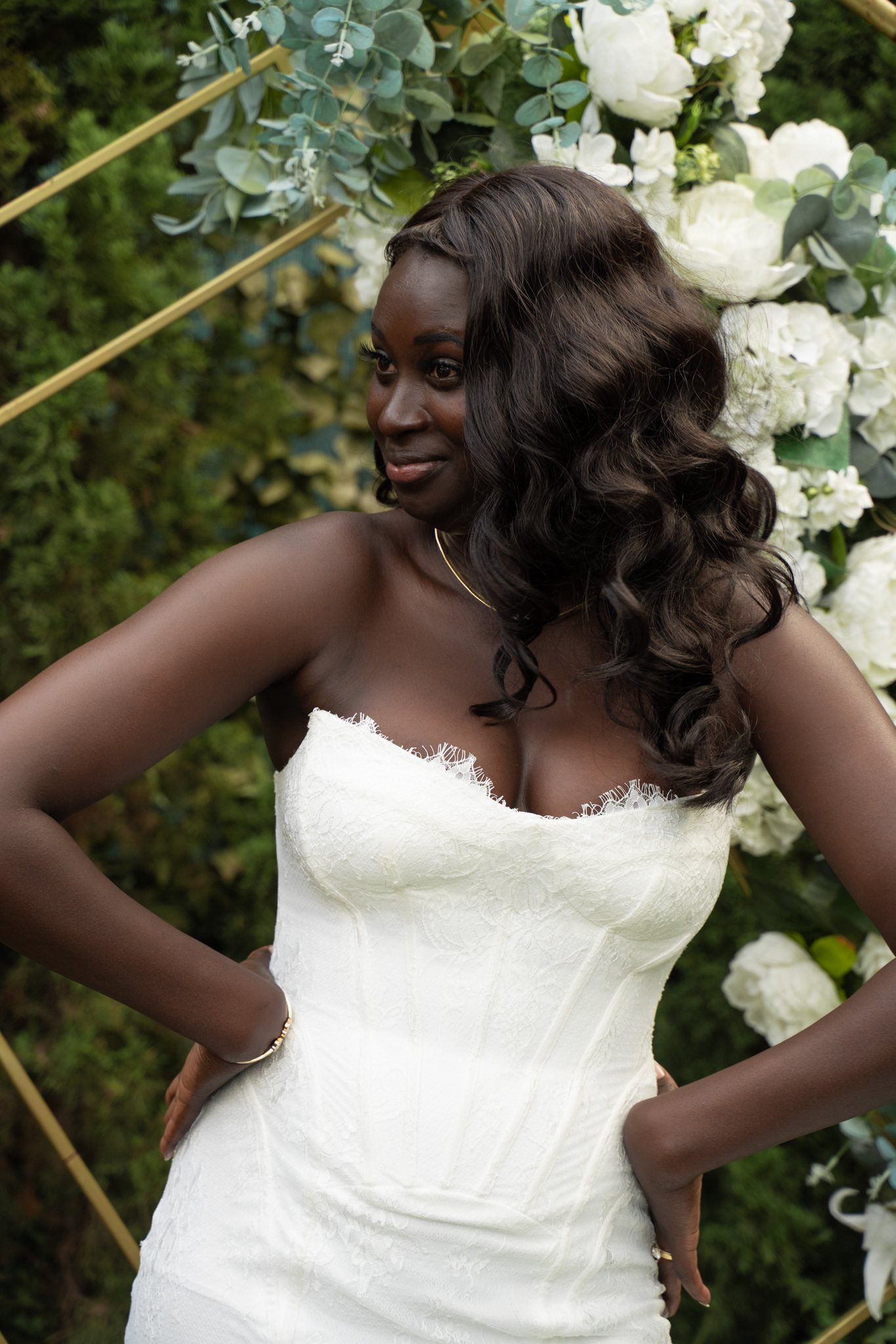 Bride is posing on her weddingday