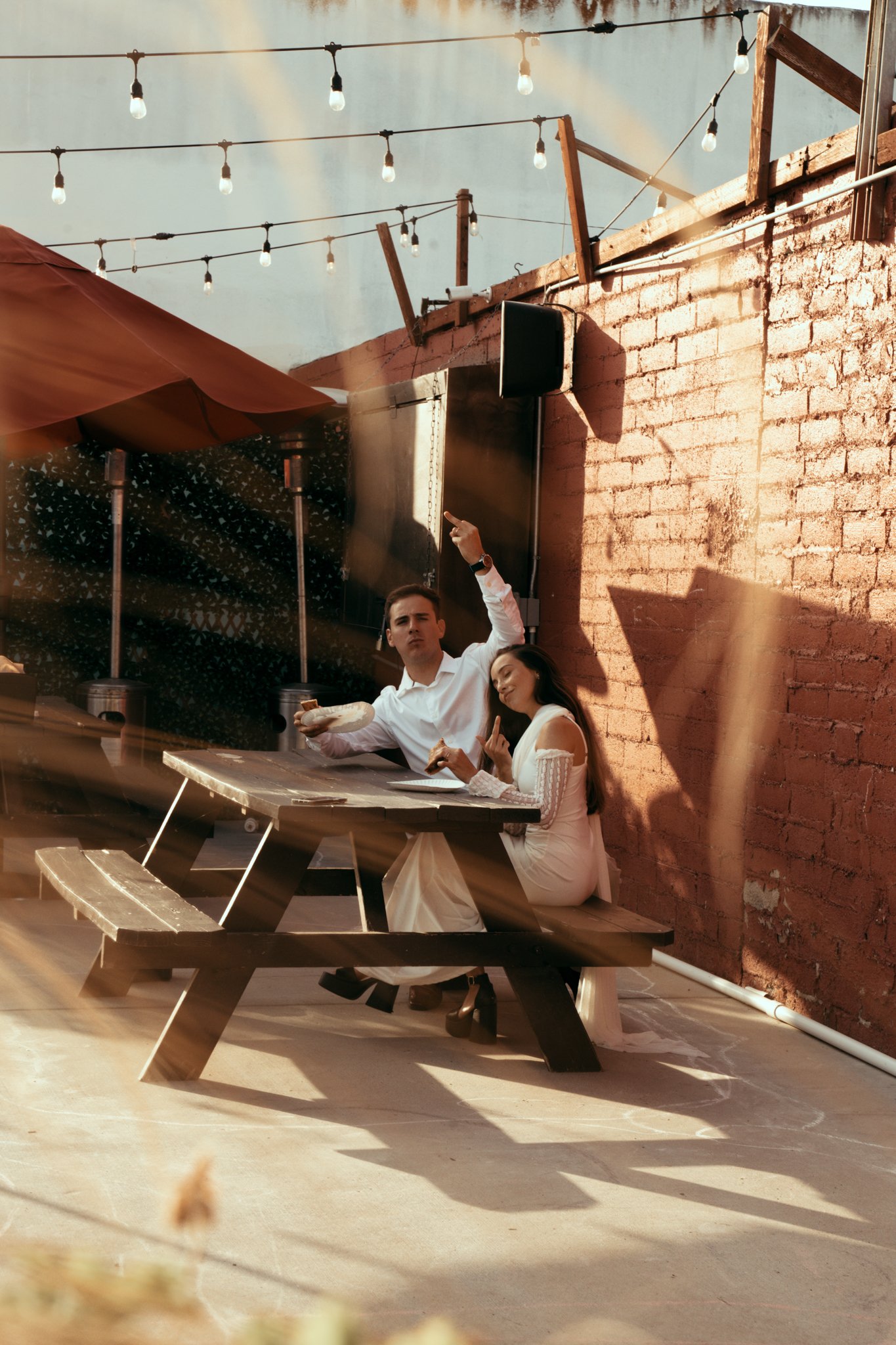 Pedro and Marle sitting on bench